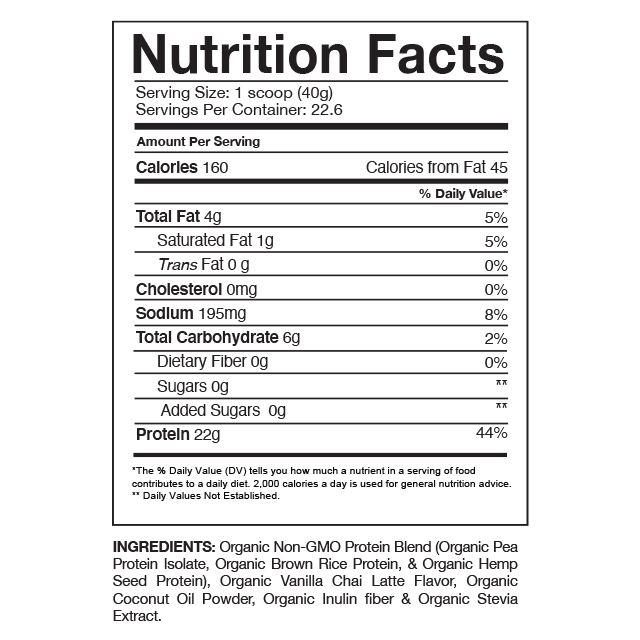 Nutrition Facts for Gaspari Nutrition Proven Vegan™ Organic Plant-Based Protein including calories, total fat, protein, and ingredient list.