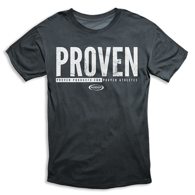 Men's black 'PROVEN' t-shirt from Gaspari Nutrition, featuring a bold white logo that reads 'PROVEN PRODUCTS FOR PROVEN ATHLETES.' Stylish and durable fabric, perfect for fitness enthusiasts.