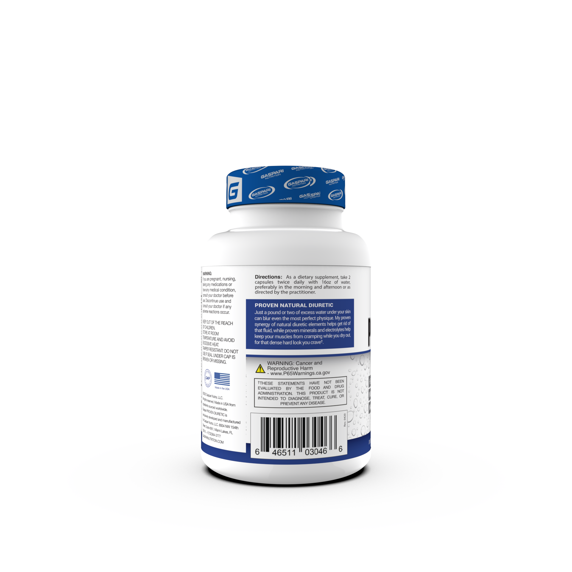 Gaspari Nutrition Proven Diuretic Water Pills supplement bottle, featuring a sleek white and blue design, highlighting benefits like 'Helps achieve that dry look,' 'No cramping,' and 'Natural ingredients.' Contains 80 capsules.