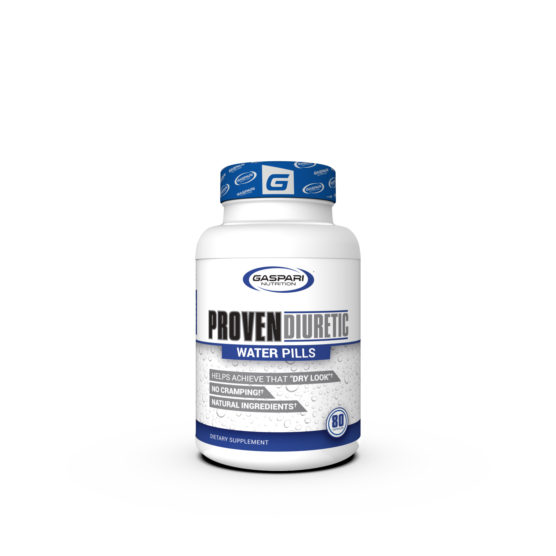 Gaspari Nutrition Proven Diuretic Water Pills supplement bottle, featuring a sleek white and blue design, highlighting benefits like 'Helps achieve that dry look,' 'No cramping,' and 'Natural ingredients.' Contains 80 capsules.