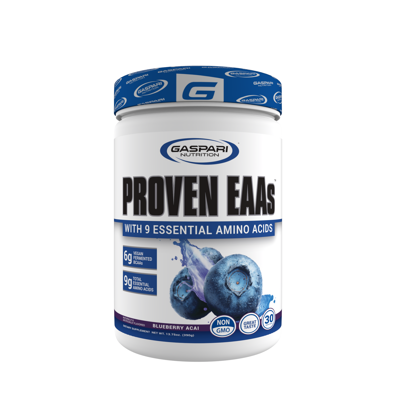 Gaspari Nutrition PROVEN EAAs™ with 9 Essential Amino Acids in Blueberry Acai flavor, displaying important nutritional benefits and supplement info.