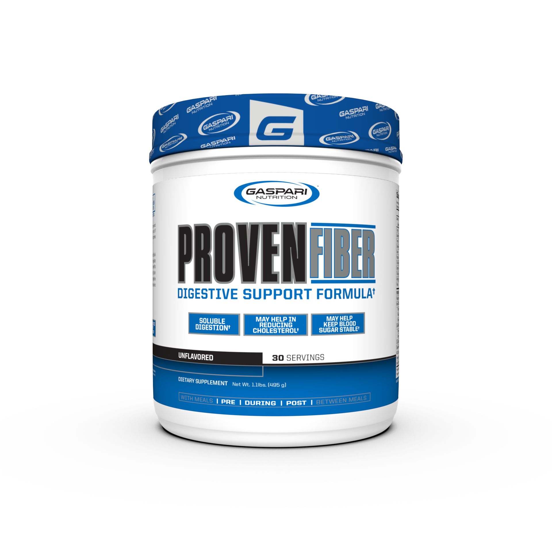 Gaspari Nutrition Proven Fiber Digestive Support container showcasing the product's unflavored formula, ideal for digestive health.