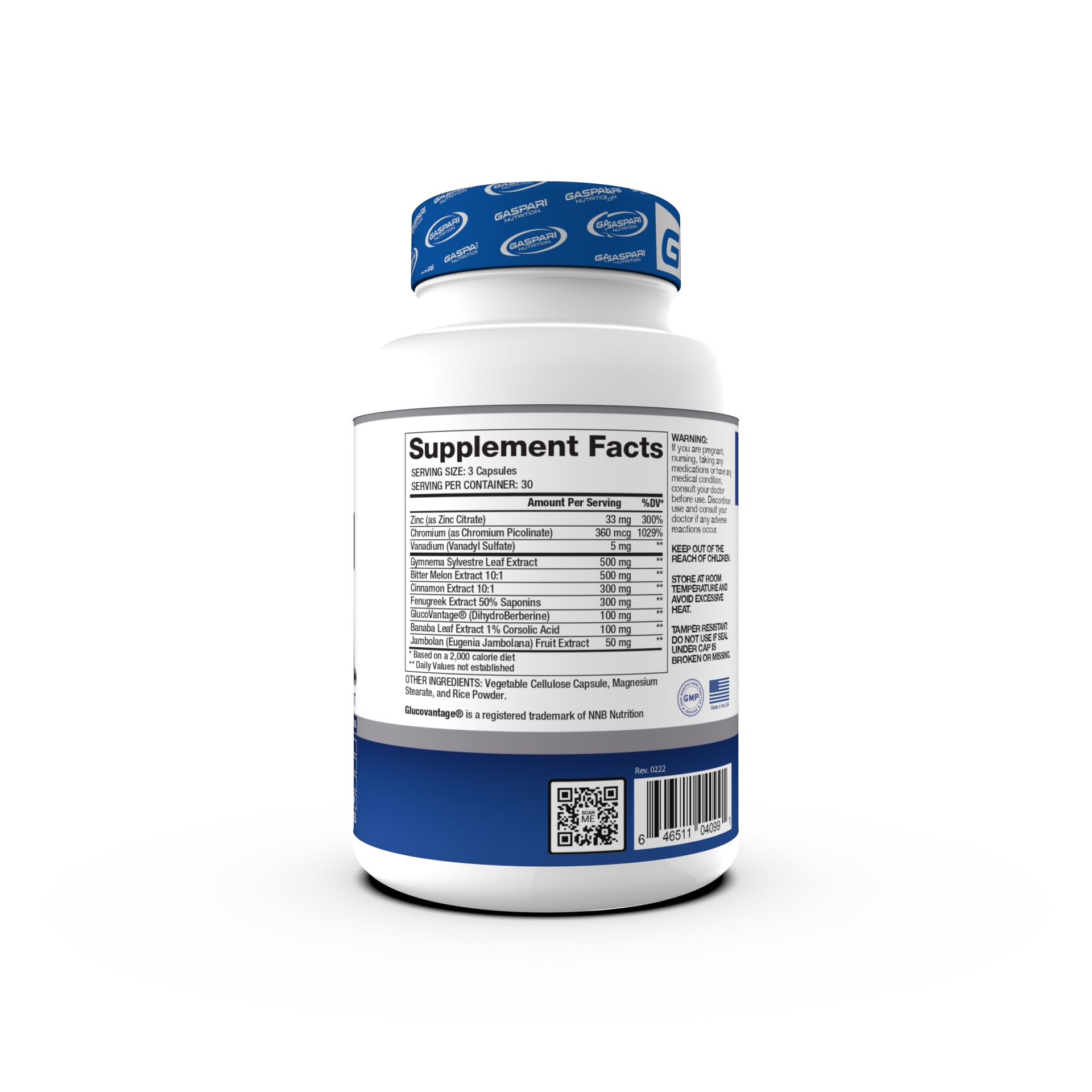 Back view of Proven GDA - Glucose Disposal Agent by Gaspari Nutrition showing supplement facts and dosage information.