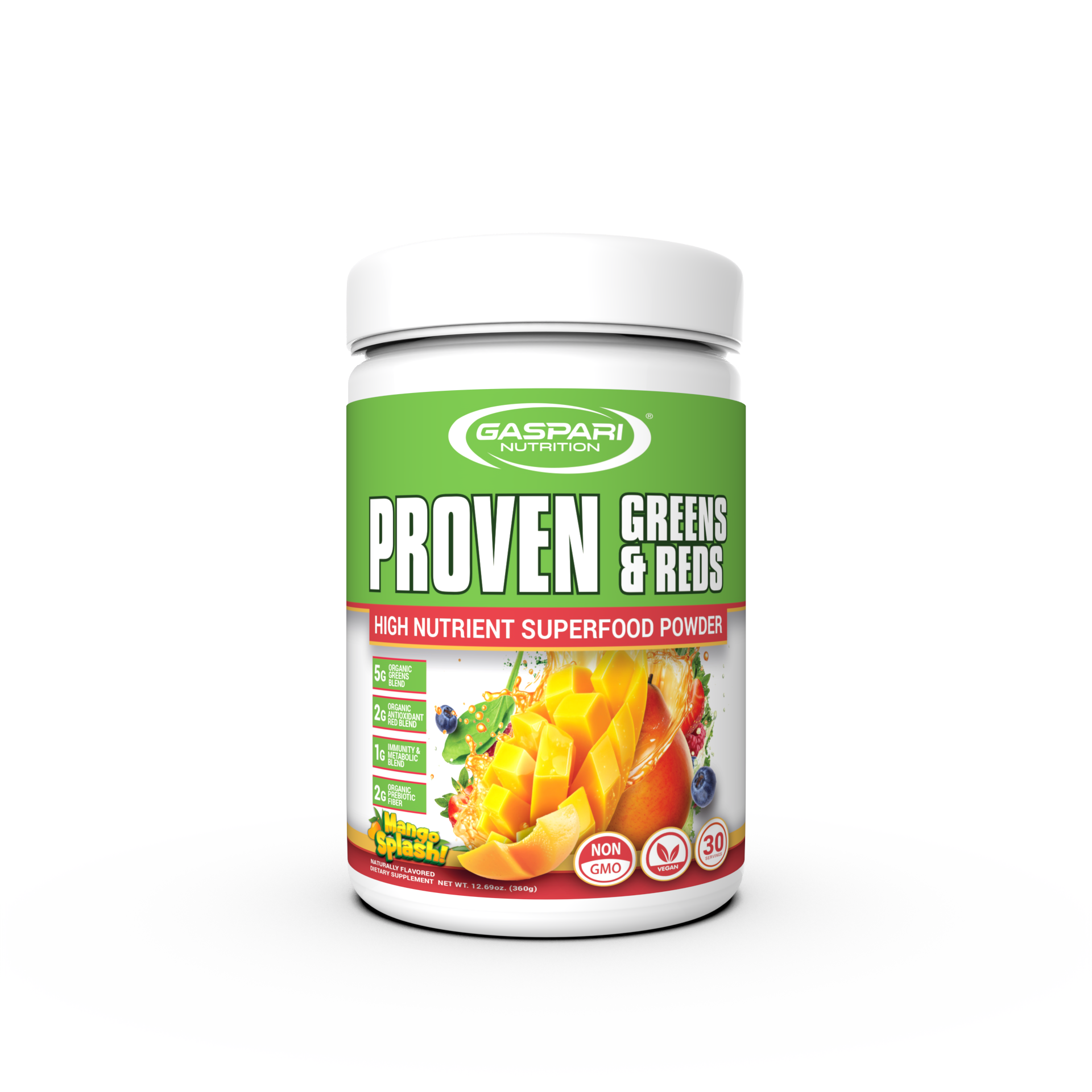 Gaspari Nutrition Proven Greens & Reds superfood powder in Mango Splash flavor, packed with nutrients for natural energy and immune support.