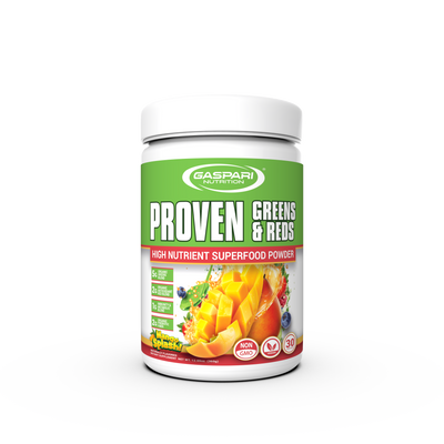 Gaspari Nutrition Proven Greens & Reds superfood powder in Mango Splash flavor, packed with nutrients for natural energy and immune support.