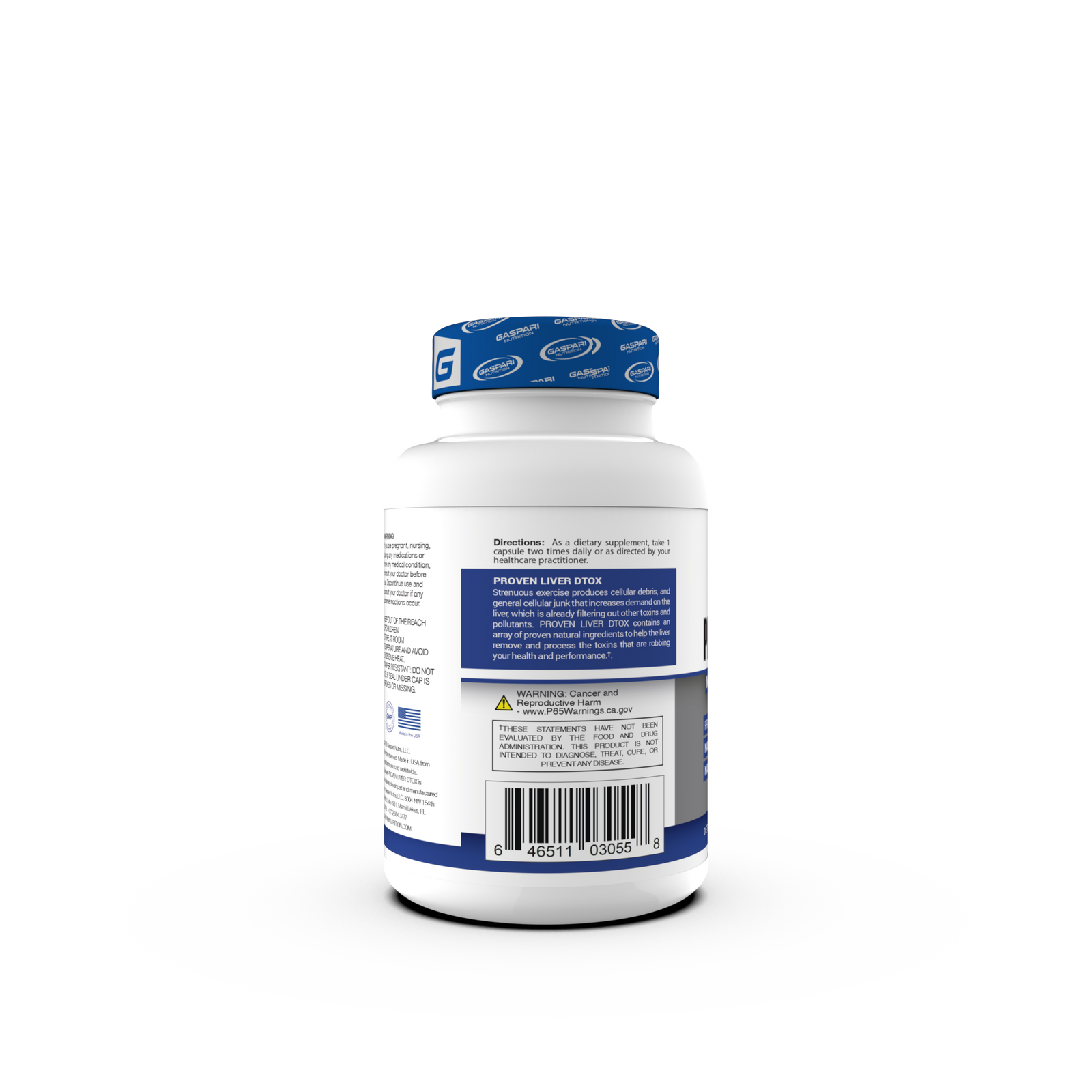 Back view of the Proven Liver DTOX supplement bottle from Gaspari Nutrition, displaying product information and directions for use.