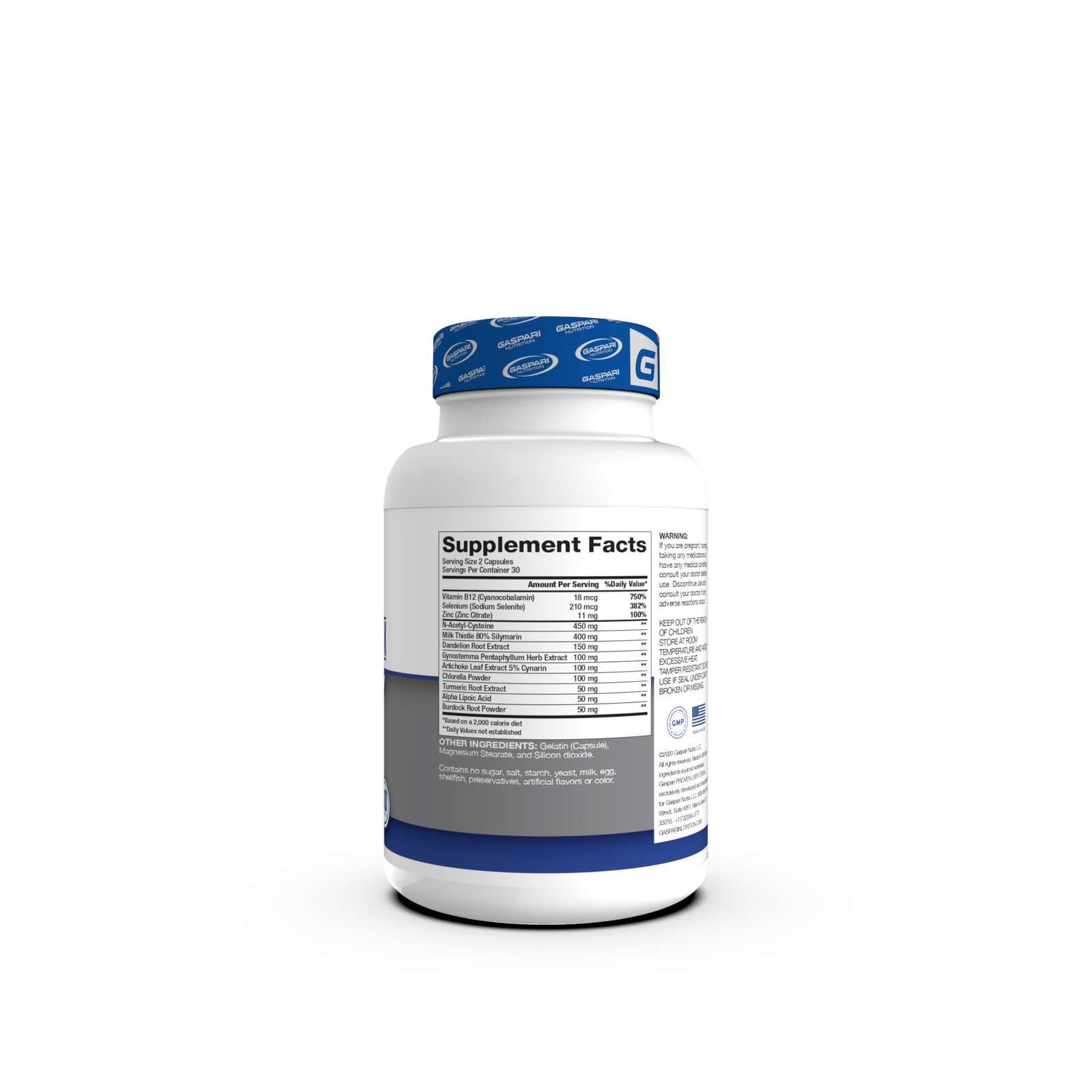 Side view of the Proven Liver DTOX supplement bottle with a clear label showing nutritional information and ingredients list.