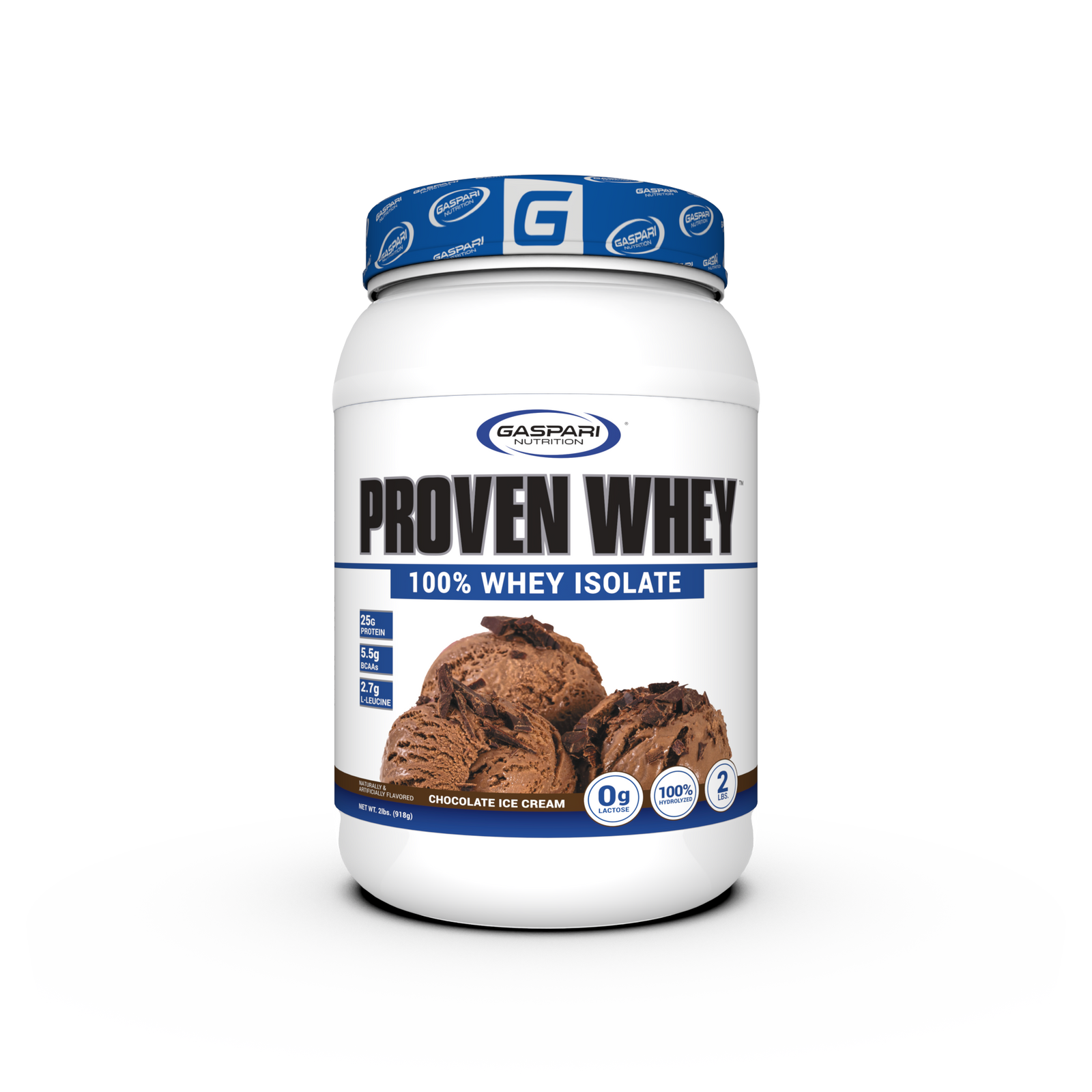 Container of PROVEN WHEY Chocolate Ice Cream flavor by Gaspari Nutrition featuring 25g protein and 0g lactose.