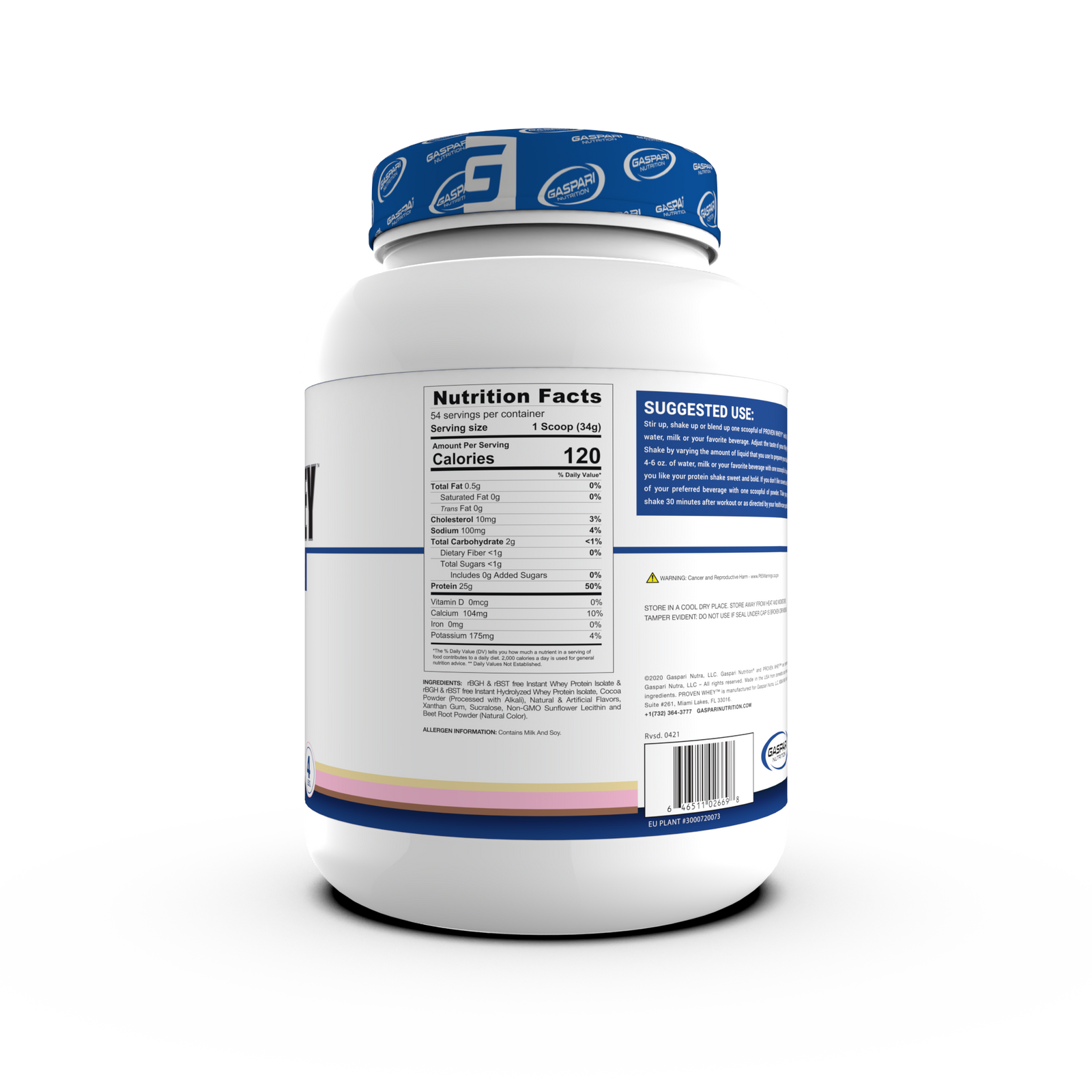 Side view of Gaspari Proven Whey – 100% Hydrolyzed Whey Protein Isolate tub showing nutritional breakdown aiming to attract Whey Protein buyers.