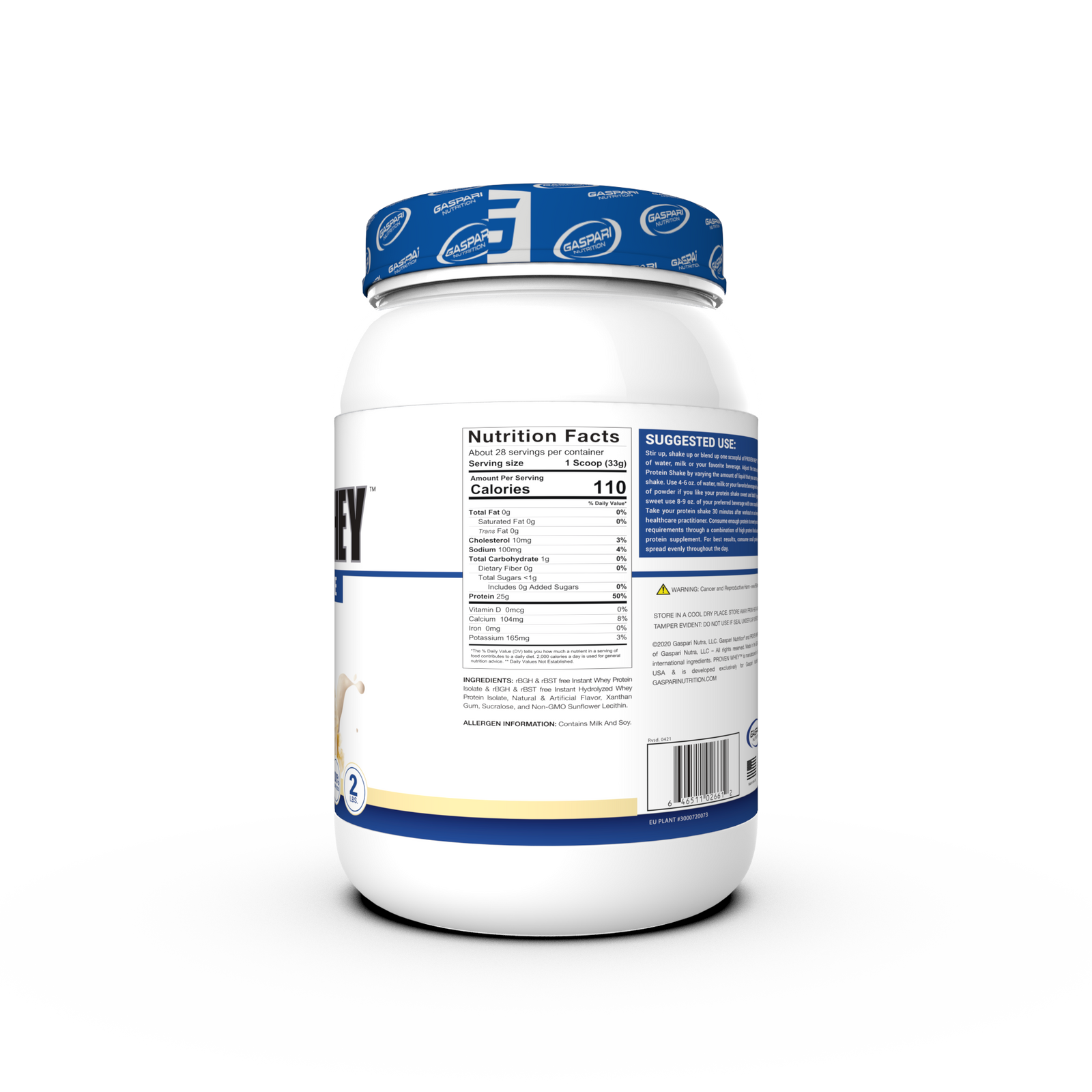Back view of Gaspari Proven Whey – 100% Hydrolyzed Whey Protein Isolate tub showing ingredient details, emphasizing purity of Whey Protein.