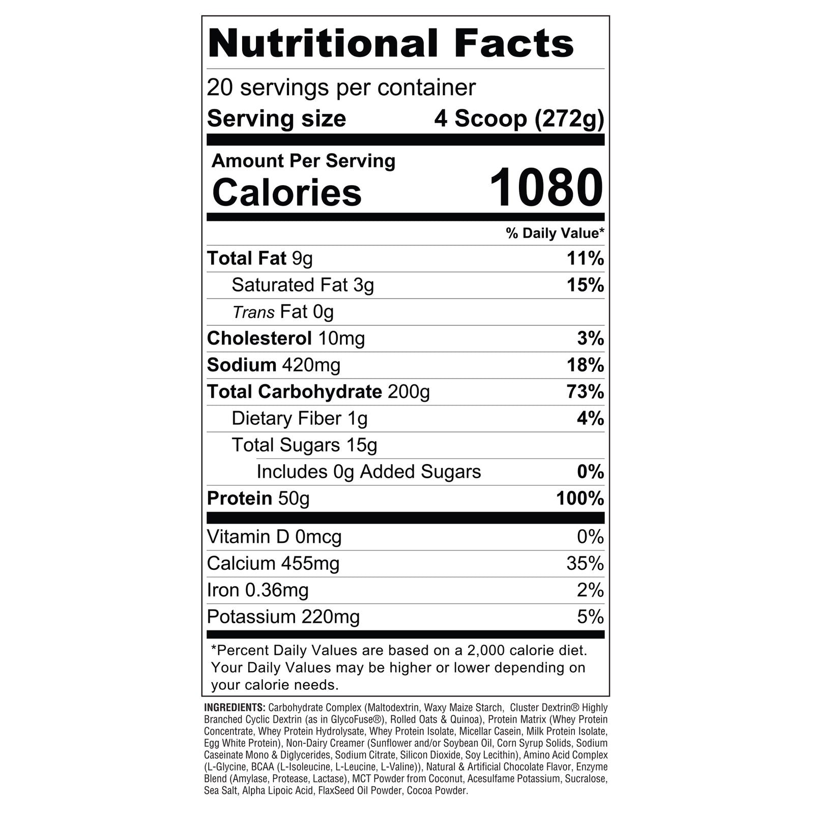 Nutritional facts label for Gaspari Nutrition Real Mass Advanced Weight Gainer, showing caloric and protein content per serving.