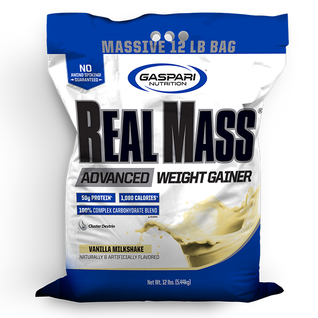 Gaspari Nutrition Real Mass Advanced Weight Gainer packaging in Vanilla Milkshake flavor, a massive 12 lb bag highlighting key nutritional benefits.