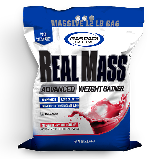 Gaspari Nutrition Real Mass Advanced Weight Gainer packaging in Strawberry Milkshake flavor, featuring a bold design on a 12 lb bag with key information.
