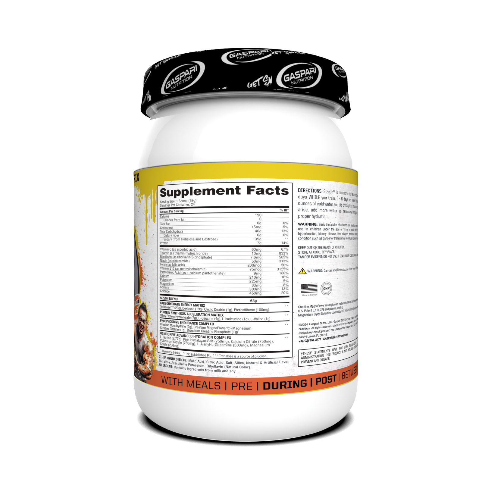 Supplement facts and directions for use on the SizeOn Get Swole Mango Splash container for Intra-Workout.