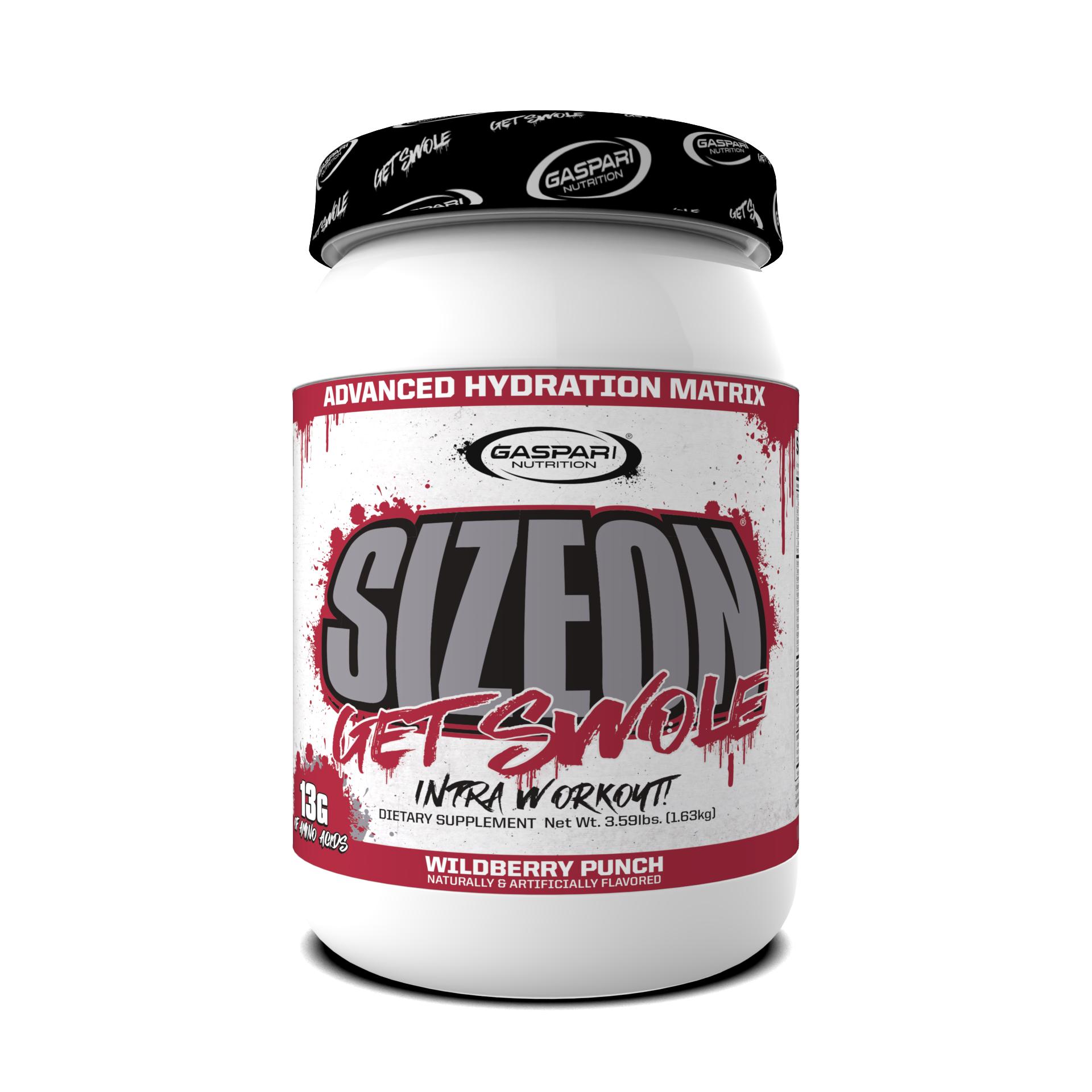 SizeOn Get Swole container featuring an advanced hydration matrix for Intra-Workout support.