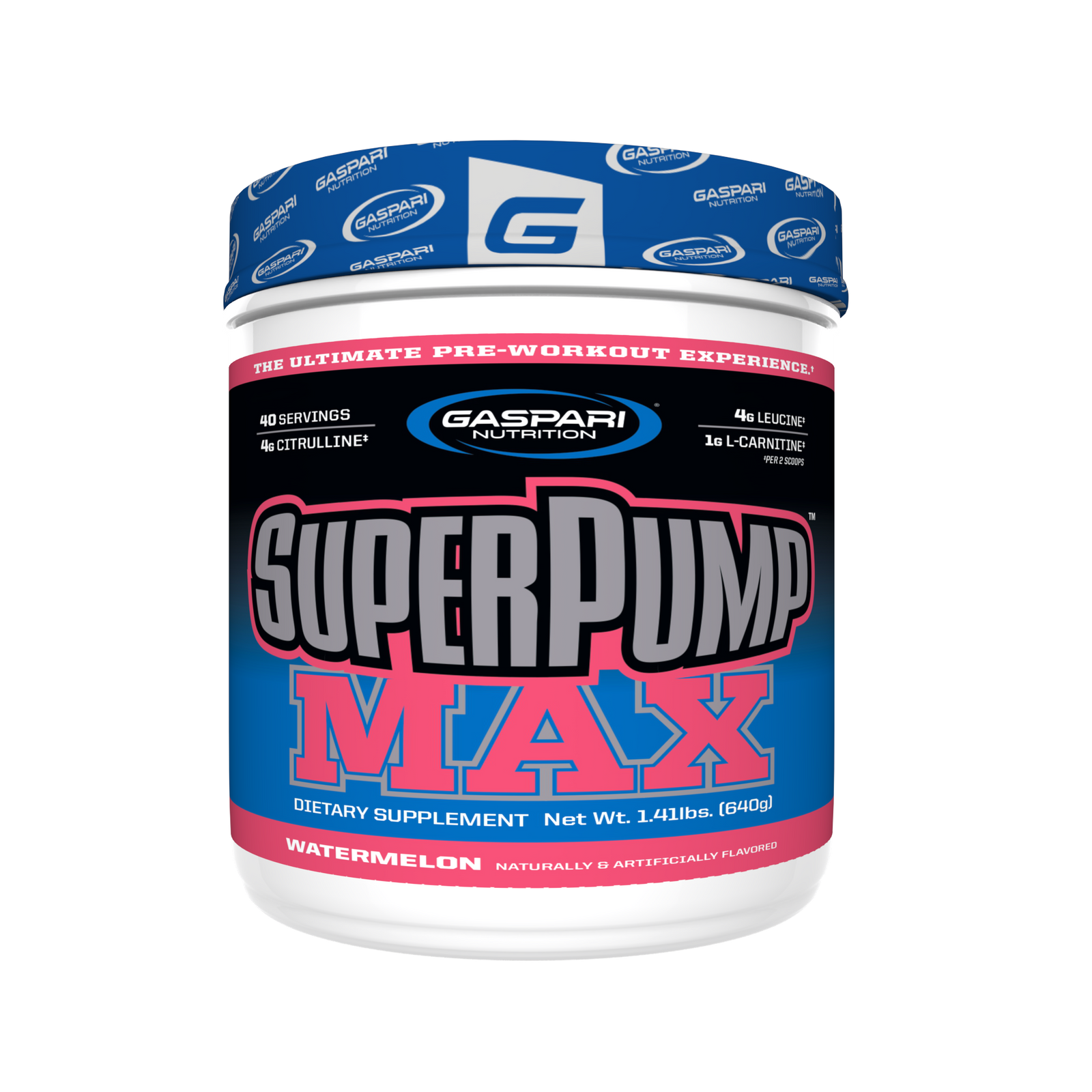 Gaspari Nutrition SuperPump Max pre-workout supplement container in Watermelon flavor, designed for ultimate performance.