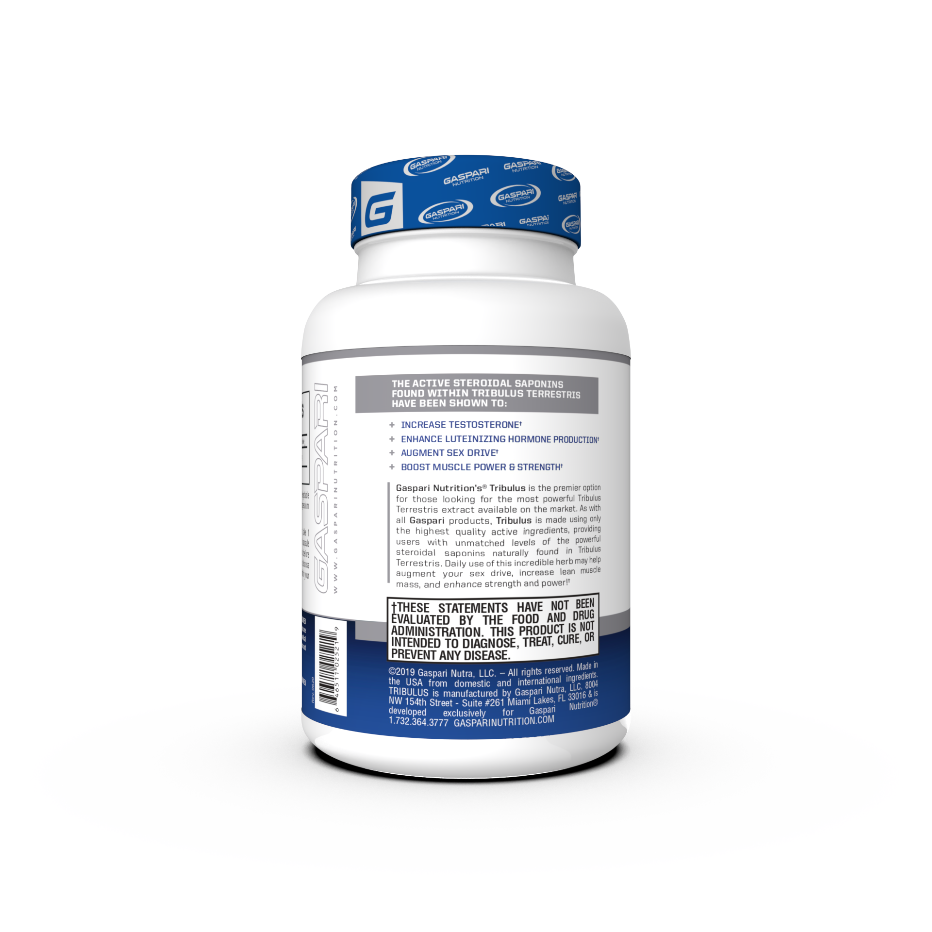 Gaspari Nutrition Tribulus supplement bottle featuring a blue and white design, labeled with '650mg at 90% Standardization' and 'Ultra High Potency Bulgarian Tribulus Extract'. The bottle contains 90 capsules and highlights dietary supplement information.