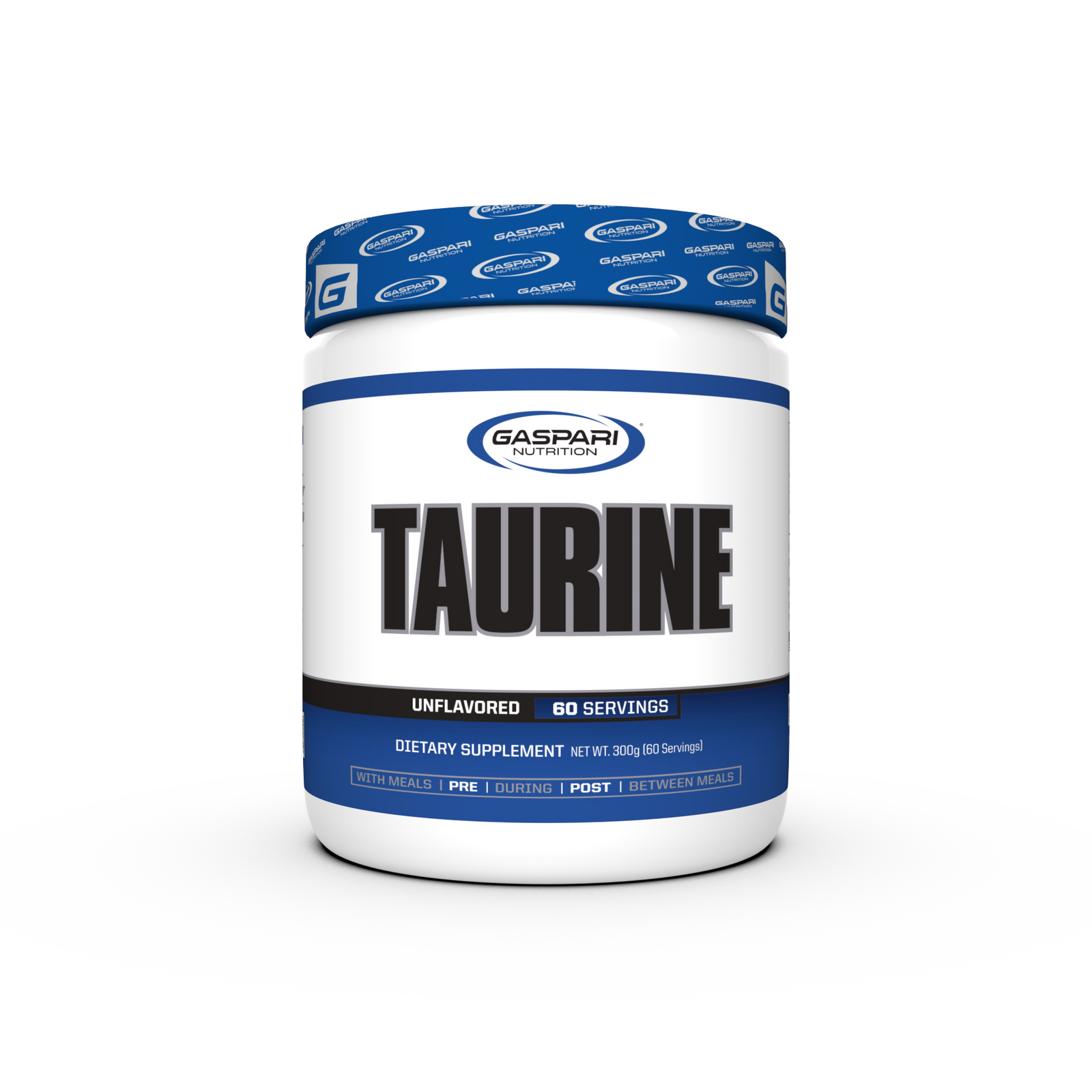 Gaspari Nutrition Taurine supplement container, unflavored, designed to optimize hydration and performance with 60 servings of taurine.