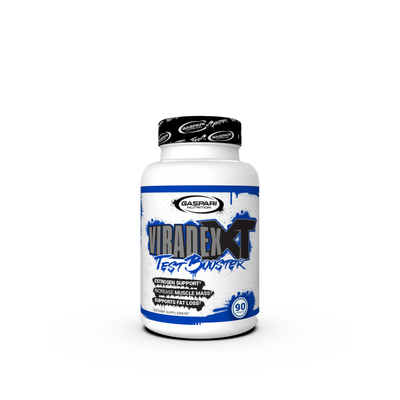 Viradex XT Test Booster bottle from Gaspari Nutrition. Front view showing the branding, key features like 'Estrogen Support' and 'Increase Muscle Mass'.