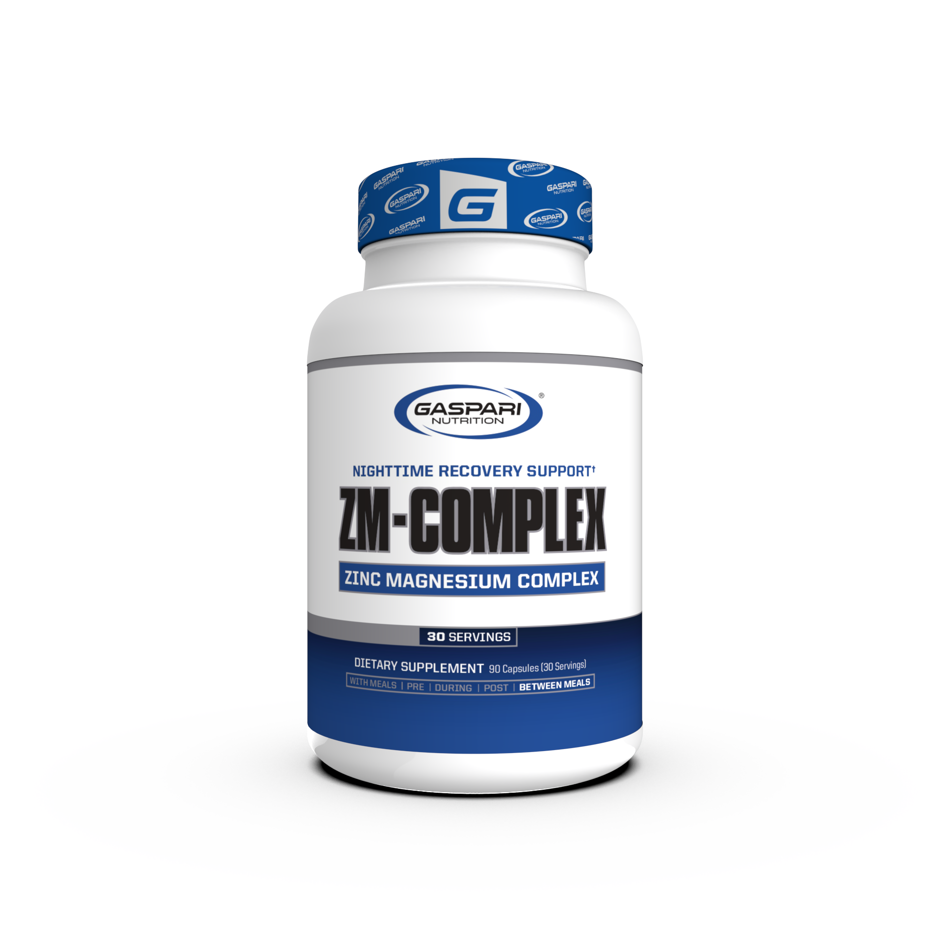 Container of Gaspari Nutrition ZM-COMPLEX dietary supplement for nighttime recovery support, featuring a blue and white design with details about Zinc Magnesium Complex and serving suggestions.