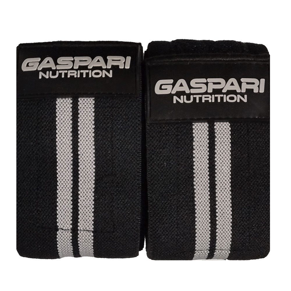 Gaspari Nutrition Knee Wraps featuring a sturdy black design with white stripes, ideal for providing support and compression during workouts and heavy lifts.