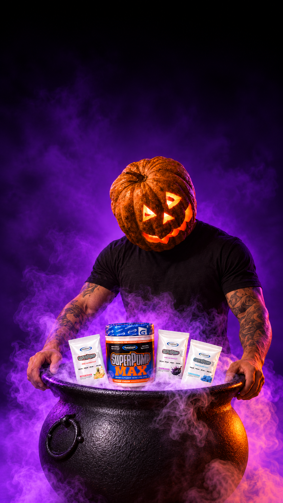 Pumpkin-headed host with the complete Pump-kin Bag gift: SuperPump Max Orange Cooler and three samples
