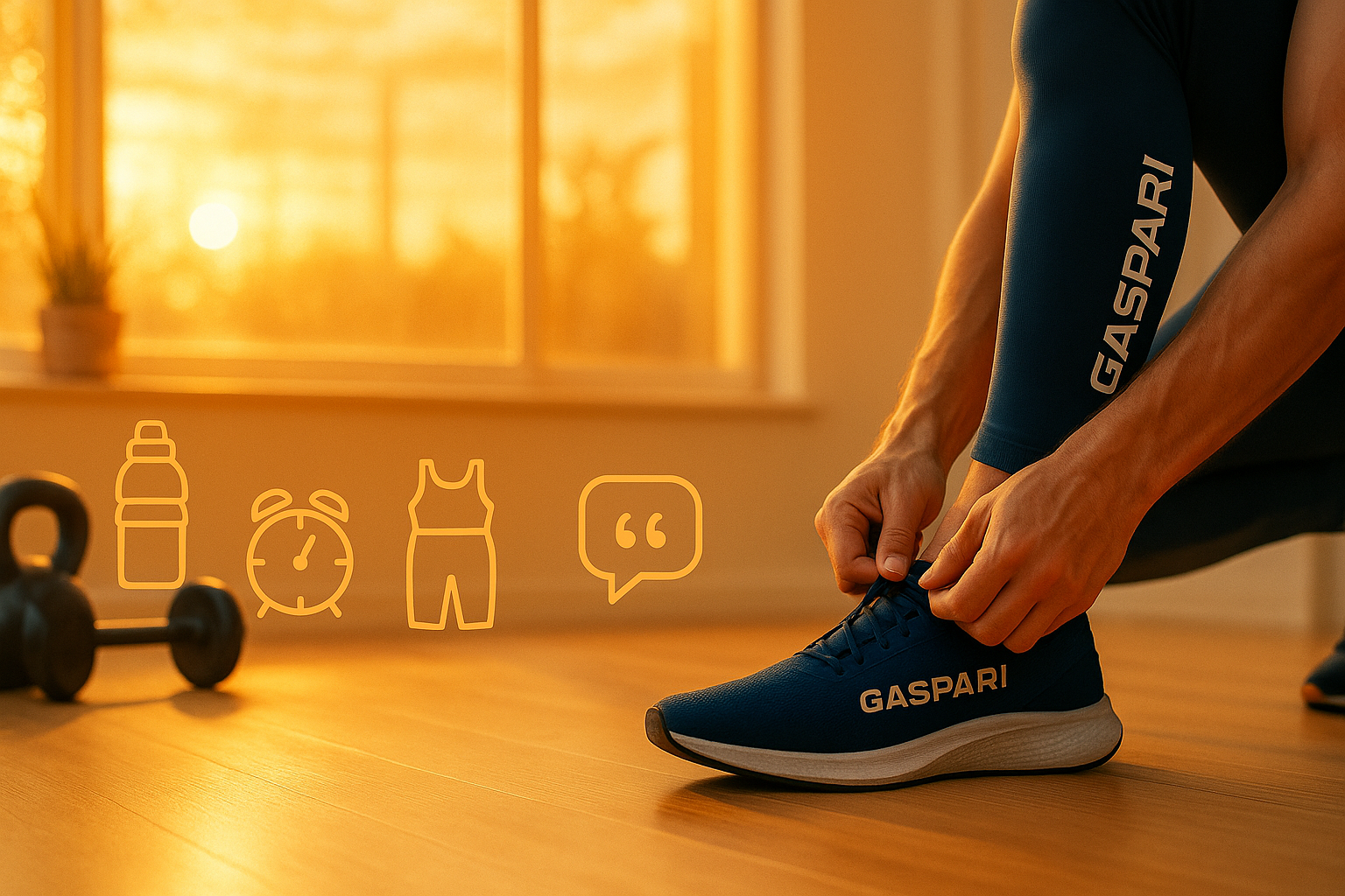 A person tying a "GASPARi" shoe in a sunlit room with dumbbells. Icons of a water bottle, clock, workout clothes, and speech bubble are shown.