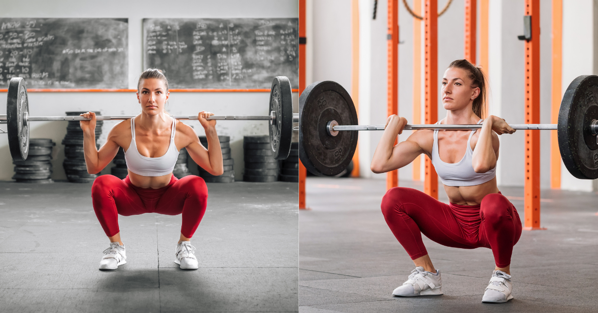 Image showing the comparison between front vs back squat techniques for fitness goals.