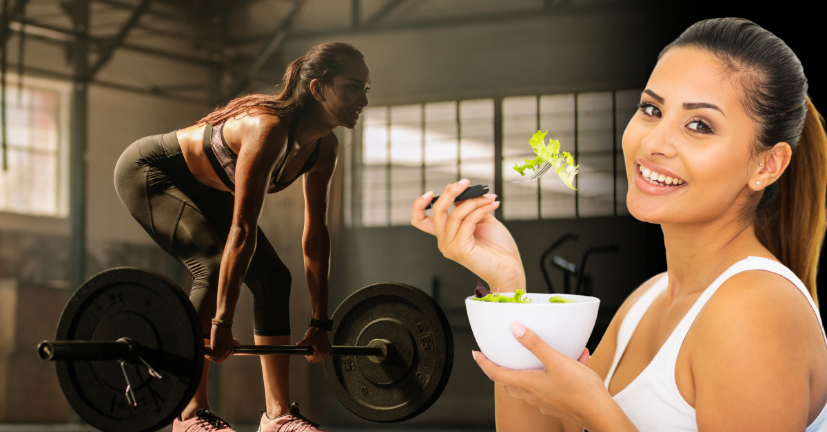 An image showing a woman lifting weights and eating a balanced meal.