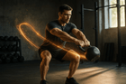 A focused man performing a kettlebell exercise in a gym, showcasing strength and determination with motion effects to highlight energy in the workout.
