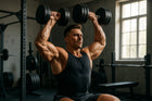 Man performing a seated dumbbell shoulder press in a gym, showcasing strong shoulder muscles and focused expression.
