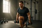 A man performing a lunging exercise in a gym, holding dumbbells in each hand, showcasing good form and focus, with gym equipment in the background.