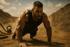 A muscular man performing push-ups in a rugged outdoor setting, demonstrating intense physical training for abdominal workouts inspired by Spartan training.