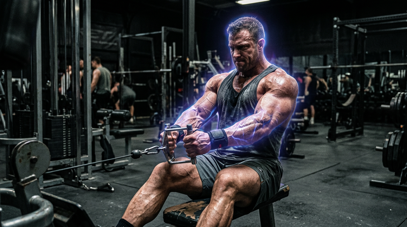 Muscular athlete performing a seated cable row in a dark gym with a blue neural energy glow illustrating agmatine sulfate benefits for muscle pumps and mental focus