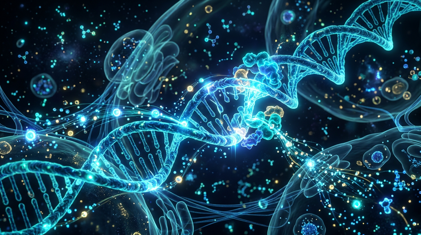 Glowing DNA double helix strands surrounded by cellular energy particles illustrating how NMN and TMG support NAD+ production, DNA repair, and cellular health at the molecular level