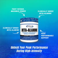 Gaspari Nutrition Beta-Alanine container featuring bold text about support for endurance and muscle stamina, highlighting its clinical dosage and unflavored formula.