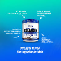 Promotional graphic for Gaspari Nutrition Bone Broth Collagen, showcasing product benefits such as muscle building protein and instant mixing for meal enhancement.