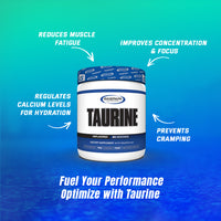 Promotional graphic featuring Gaspari Nutrition Taurine supplement, showing key benefits like reducing muscle fatigue and improving focus.