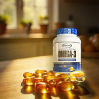 Image of Gaspari Omega-3 bottle with softgel capsules arranged on a kitchen counter, highlighting the product's natural appeal and health benefits.