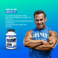 Anavite XT - Sports Multi-vitamin + Extreme Test Booster instructions shown alongside a muscular individual, emphasizing how to use this sports multi-vitamin effectively for optimal results.