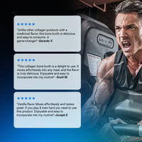 Customer reviews for Gaspari Nutrition Bone Broth Collagen, praising its taste and ease of incorporation into meals for enhanced athletic performance.