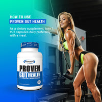 How to use Proven Gut Health by Gaspari Nutrition, featuring a bottle and a fit individual demonstrating a workout, suggesting daily capsule intake with meals.