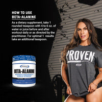 Guide on how to use Gaspari Nutrition Beta-Alanine, illustrating recommended serving size and instructions for optimal results along with the product jar.