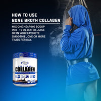 Instructional graphic on how to use Gaspari Nutrition Bone Broth Collagen, detailing mixing instructions for optimal health benefits in daily diet.