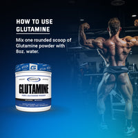 Instructional image on how to use Gaspari Nutrition Glutamine, suggesting to mix one scoop of the powder with 8 ounces of water.