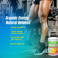 Gaspari Nutrition Proven Greens & Reds superfood, emphasizing benefits like protection from free radicals and natural energy.