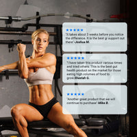 Customer reviews of Proven Gut Health by Gaspari Nutrition, showing a fit model and testimonials praising the gut health supplement's effectiveness.