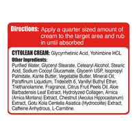 Ingredient list and directions for CYTOLEAN CREAM - THERMOGENIC WORKOUT CREAM by Gaspari Nutrition. Highlights key ingredients like Glycyrrhetinic Acid and Yohimbine HCL.