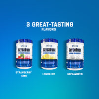 Display of GlycoFuse with three available flavors: Strawberry Kiwi, Lemon Ice, and Unflavored.