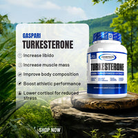 Gaspari Turkesterone supplement bottle in a natural setting, advertising benefits like increased libido and improved body composition.